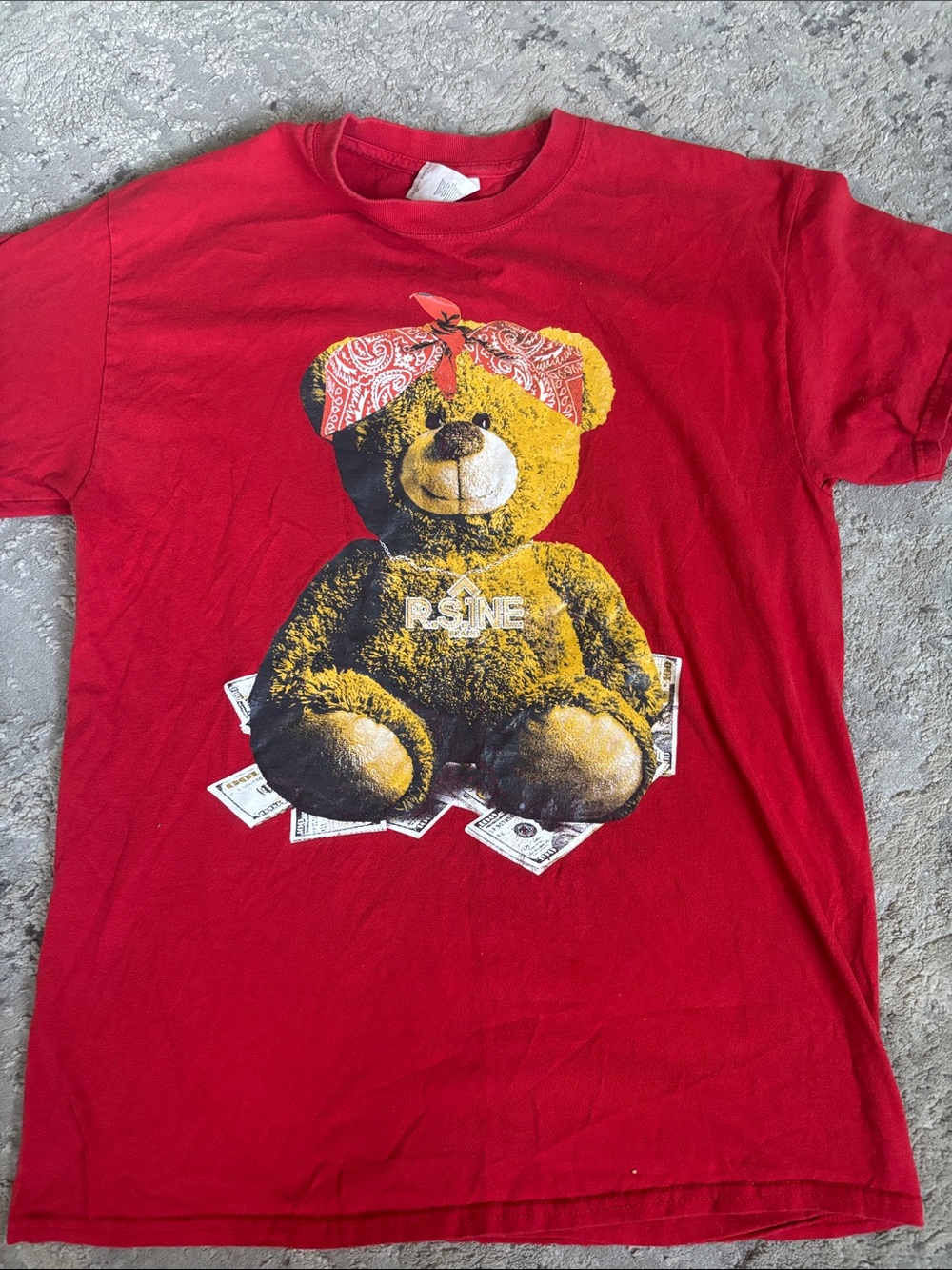 Red Kids T-Shirt with Yellow Teddy Bear Graphic